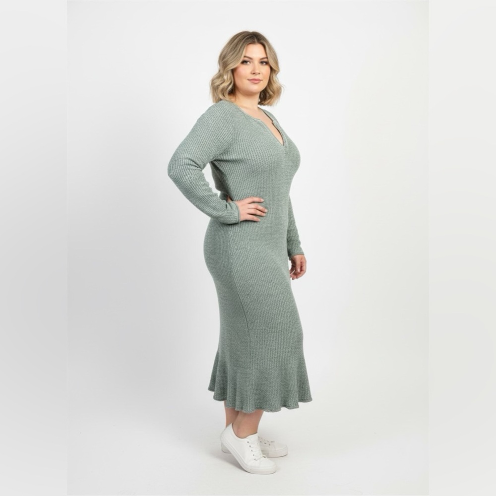 ✨ Anthropologie Daily Practice Green Ribbed Knit Midi Dress – Size Large – EUC ✨